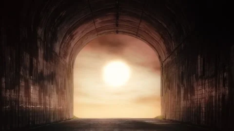 Dark Tunnel Opening Toward Glowing Sunrise Light Time Lape 库存影片 342253267