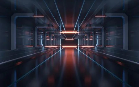 Dark tunnel with technology structure, 3d rendering. Ilustración de archivo