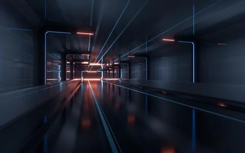 Dark tunnel with technology structure, 3d rendering. Ilustración de archivo