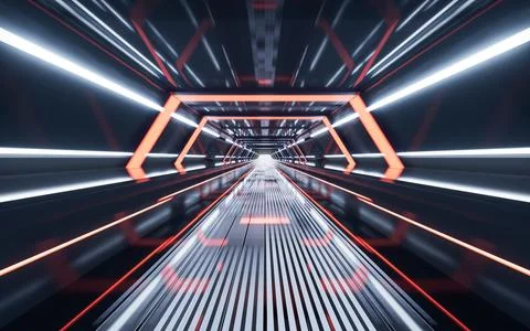 Dark tunnel with technology structure, 3d rendering. Ilustración de archivo