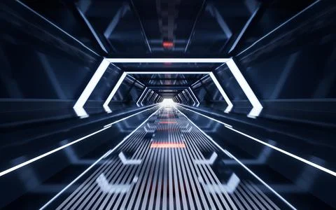 Dark tunnel with technology structure, 3d rendering. Ilustración de archivo