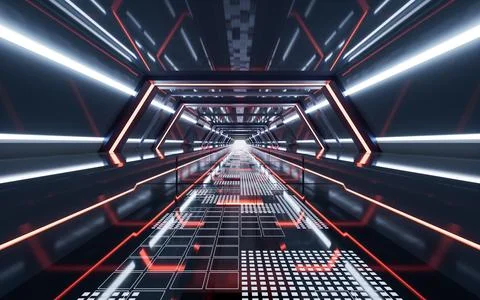 Dark tunnel with technology structure, 3d rendering. Ilustración de archivo