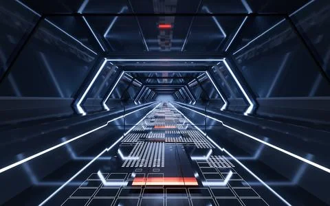 Dark tunnel with technology structure, 3d rendering. Ilustración de archivo