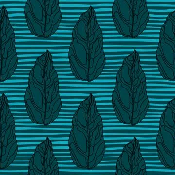 Dark turquoise botanic leaf shapes seamless doodle pattern. Outline foliage o Stock Illustration