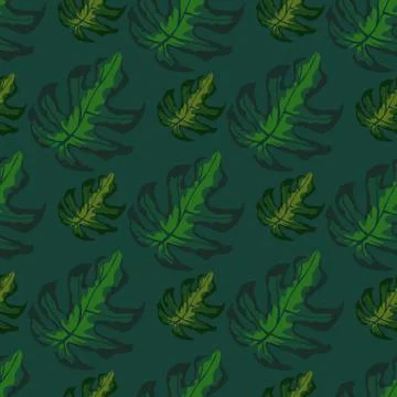 Dark turquoise seamless pattern with hand drawn monstera leaf ornament. Green Stock Illustration