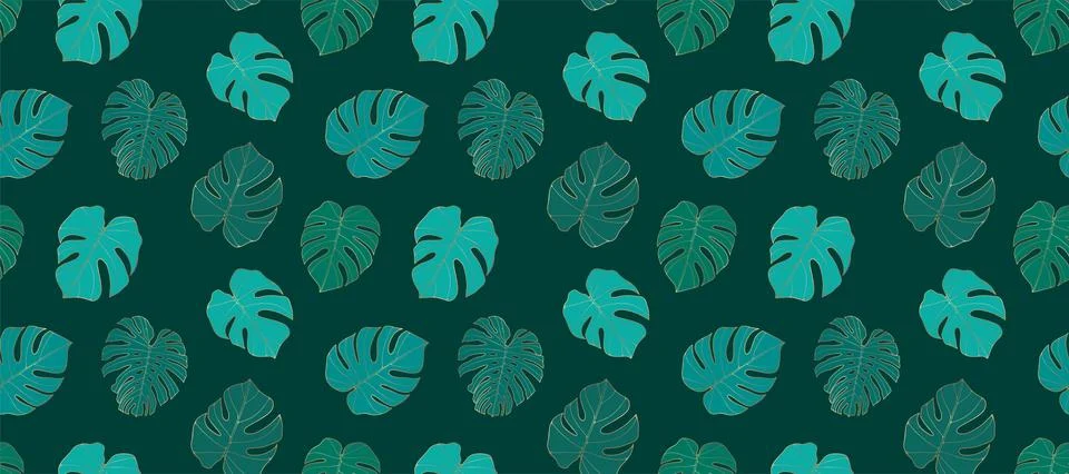 Dark turquoise tropical seamless pattern with monstera leaves. Stock Illustration
