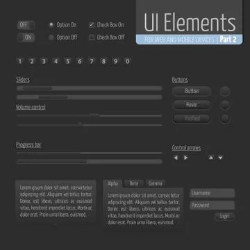Dark UI Elements Part 1: Sliders, Progress bar, Buttons, Authorization form,  스톡 일러스트