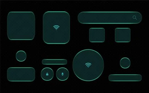Dark UI elements with teal glowing borders and icons on checkerboard. Stockillustratie