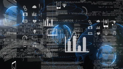 Dark UI emerging with rotating spheres and scrolling code while icons appearing Stock Footage 312082662