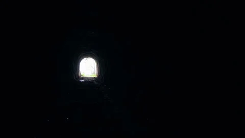 Dark Underground Tunnel with Natural Light at the End Showing Trees and Grass Ou Stock Footage 320727634