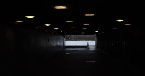 Dark underpass to river daylight, ceiling lights glowing in moody frame. Stock Footage 320169977