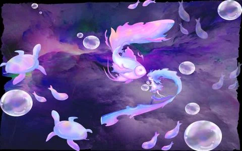 Dark underwater background with torn edges, bubbles, turtles, fish, fairy Stock Illustration