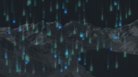 Dark upper sky sending teal binary glyphs falling over low poly grey range, Stock Footage 330238496