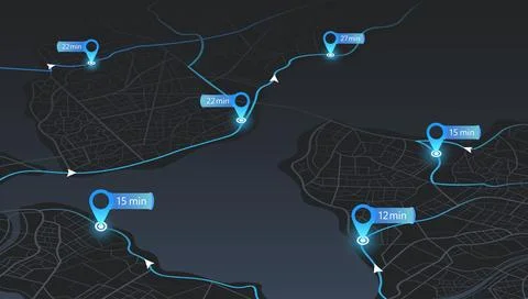Dark urban layout featuring bright blue travel paths and speech bubbles Stock Illustration