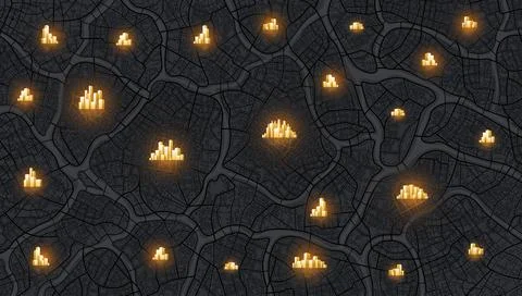 Dark urban map background featuring glowing gold building clusters representing Stock Illustration