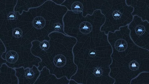 Dark urban map background with glowing city skyline icons marking multiple Stock Illustration