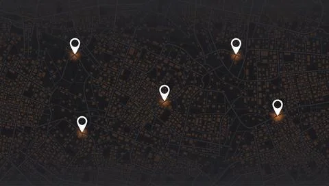 Dark urban map background with white location pins and glowing orange street Stock Illustration