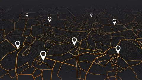 Dark urban navigation dashboard with glowing orange road network and multiple Stock Illustration