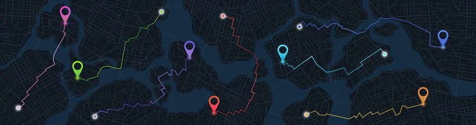 Dark urban plan background featuring various colored navigation paths Stock Illustration