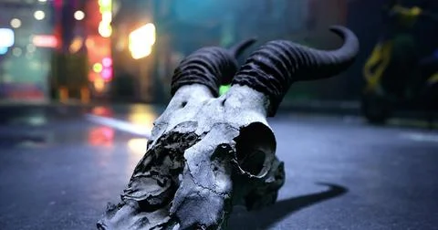 Dark urban setting with ram skull on the ground at night イラスト素材