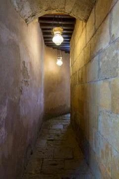 Dark vaulted stone bricks corridor with wooden ceiling illuminated with vintage Stock Photos