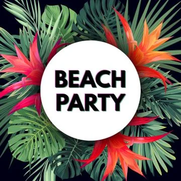 Dark vector floral banner template for summer beach party. Tropical flyer with Stock Illustration