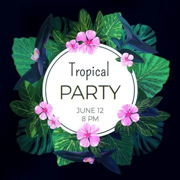 Dark vector floral banner template for summer beach party. Tropical flyer with Stock Illustration