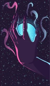 Dark vector illustration of a hand holding a glowing globe. Stock Illustration