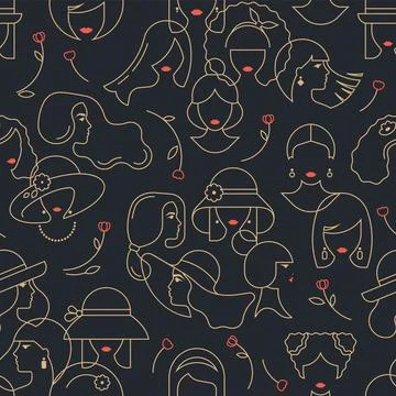 Dark vector seamless pattern of drawings of women with different hairstyles and Stock Illustration
