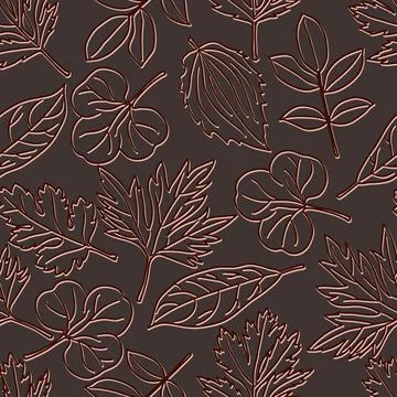 Dark vector seamless pattern with light coloured contour leaves. Vector Stock Illustration