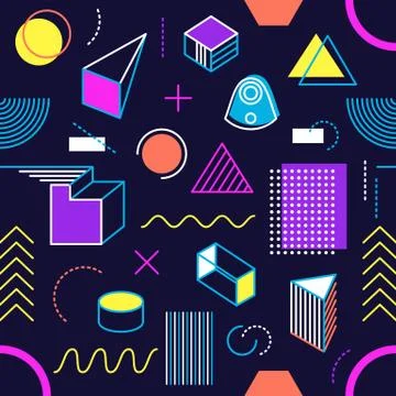Dark vector seamless pattern memphis style shapes Illustration
