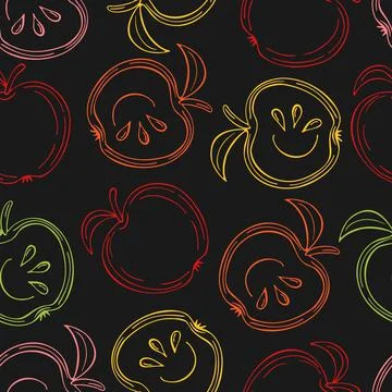 Dark vector seamless pattern with multicolor contour apples and slice apples. Stock Illustration