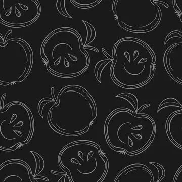 Dark vector seamless pattern with white contour apples and slice apples. Stock Illustration
