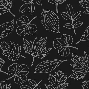 Dark vector seamless pattern with white contour leaves. Illustrazione stock