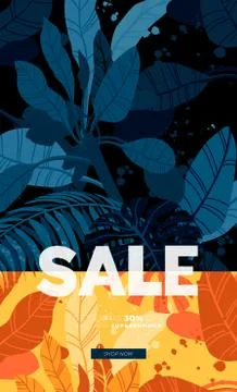 Dark vector summer design with exotic palm leaves and space for text. Sale offer Stock Illustration