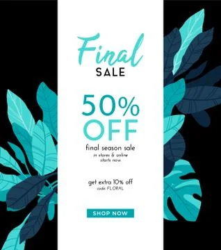 Dark vector summer design with exotic palm leaves and space for text. Sale offer Stock Illustration