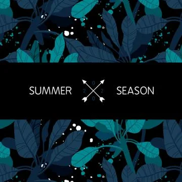 Dark vector summer design with exotic palm leaves and space for text. Card Illustration