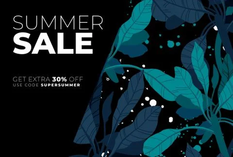 Dark vector summer design with exotic palm leaves and space for text. Sale offer 库存插图