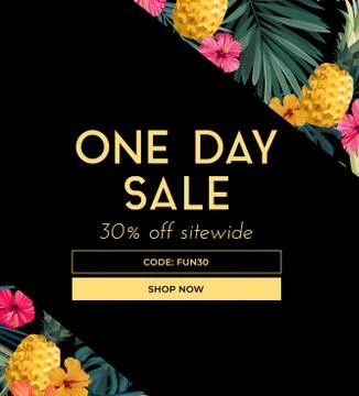 Dark vector summer design with exotic palm leaves, hibiscus flowers, pineapples Stock Illustration
