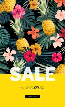 Dark vector summer design with exotic palm leaves, hibiscus flowers, pineapples Stock Illustration