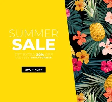 Dark vector summer design with exotic palm leaves, hibiscus flowers, pineapples Illustrazione stock