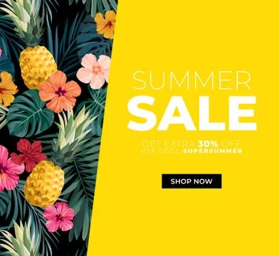 Dark vector summer design with exotic palm leaves, hibiscus flowers, pineapples 库存插图