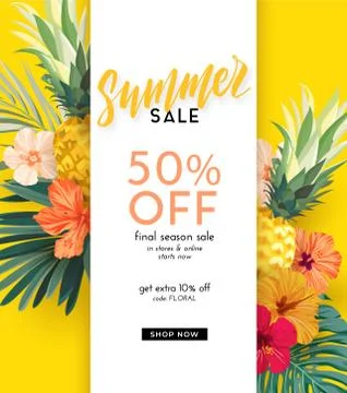 Dark vector summer design with exotic palm leaves, hibiscus flowers, pineapples Stock Illustration