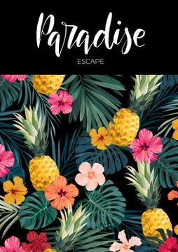 Dark vector summer design with exotic palm leaves, hibiscus flowers, pineapples Stock Illustration