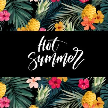 Dark vector summer design with exotic palm leaves, hibiscus flowers, pineapples イラスト素材
