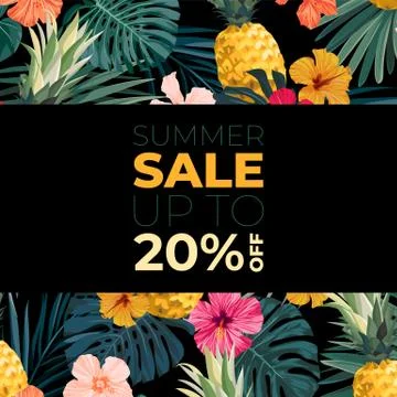 Dark vector summer design with exotic palm leaves, hibiscus flowers, pineapples Illustration