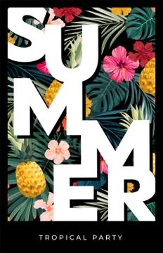 Dark vector summer design with exotic palm leaves, hibiscus flowers, pineapples 库存插图