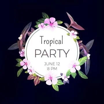 Dark vector tropical background with pink and purple flowers. Exotic summer Stock Illustration