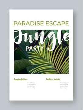 Dark vector tropical design for party flyer with green banana and sabal palm Stock Illustration