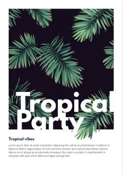 Dark vector tropical summer party flyer design with green jungle palm leaves. Stock Illustration